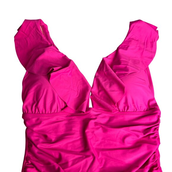 J Crew Ruched One Piece Swimsuit Ruffle V Neck Radiant Fuschia Pink Deep V NWT‎ - Picture 5 of 13